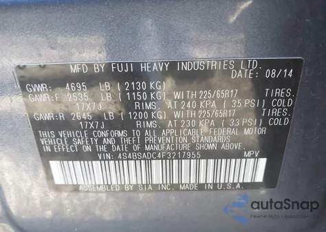 2015 Subaru Outback 2.5I Premium из США, поврежденный, VIN 4S4BSADC4F3217955